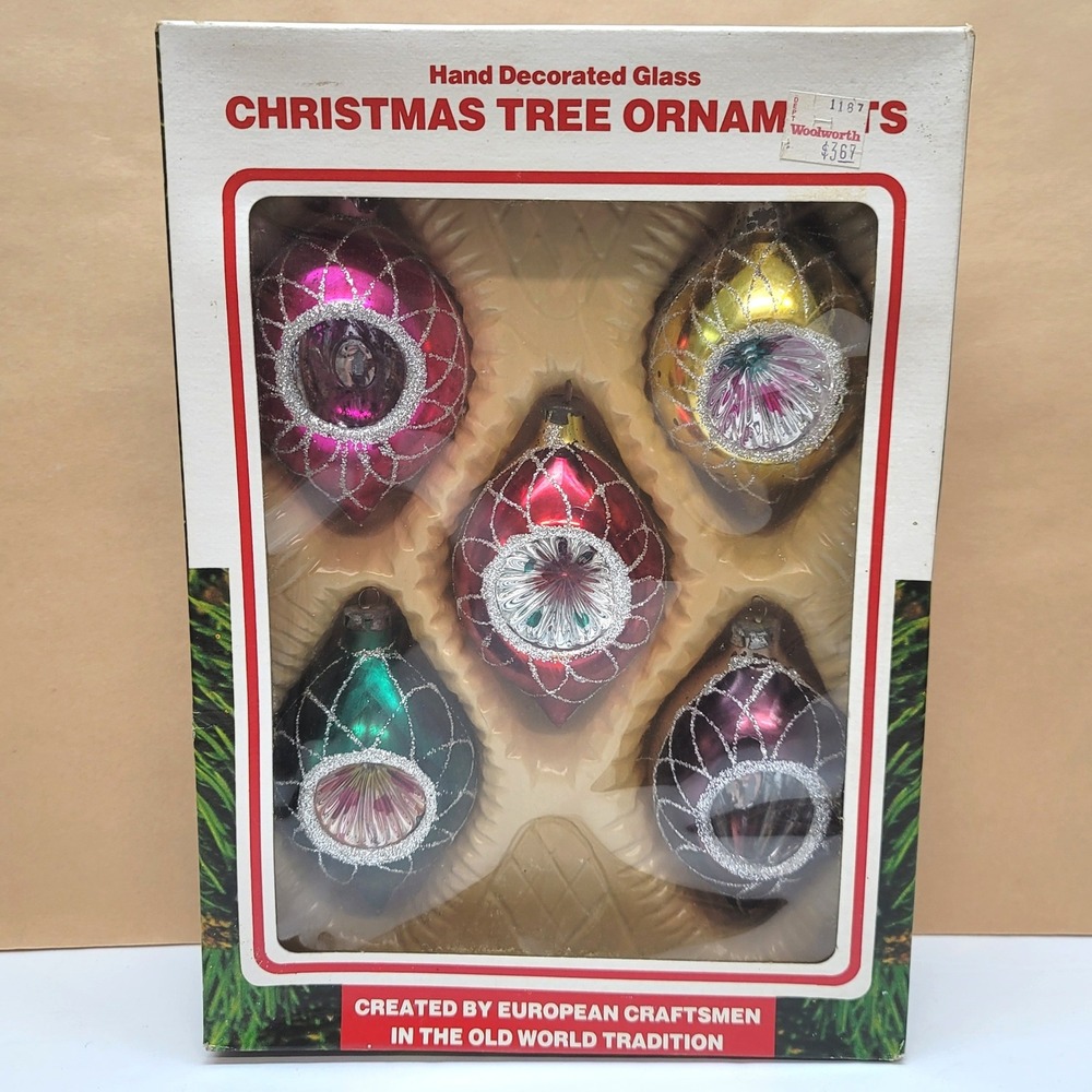 Vintage Commodore Glass Christmas Ornaments Romania Indent Reflector Set of 5